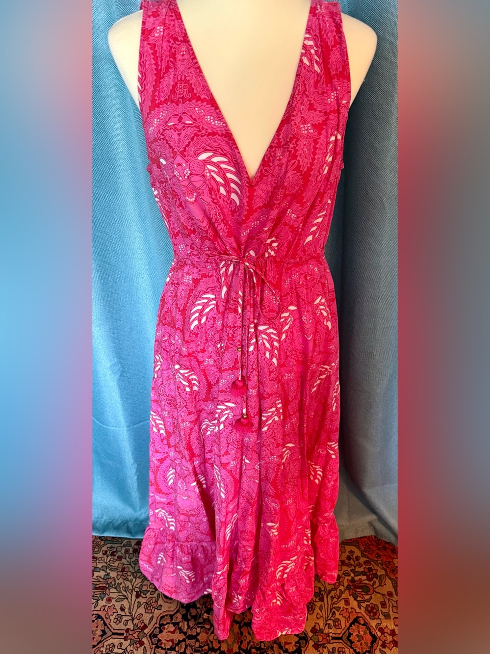 Figue Hot Pink Printed Cotton Maxi Dress with Tie Waist and Tassels